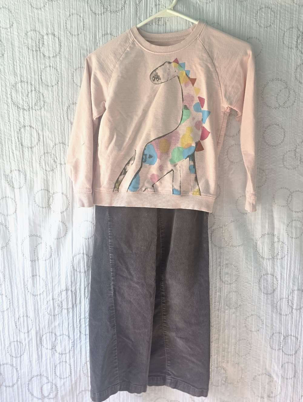 Kids Pink Dino Graphic Long-Sleeve Top & Brown Corduroy Pants